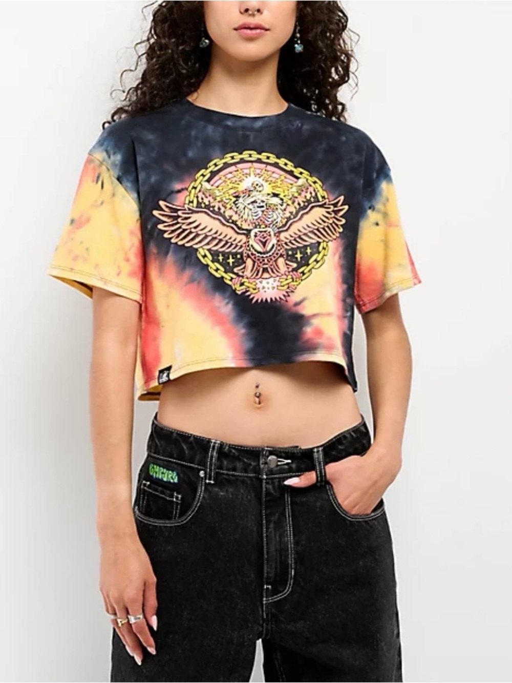 Zumiez Tie-Dye Eagle Crop Top - Black, Yellow & Orange